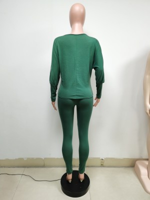 Autumn Casual Green Puff Sleeve Shirt and Pants Set