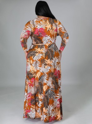 Autumn Plus Size Print Wrap Maxi Dress with Belt
