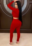 Autumn Party Sexy Tight Crop Top and Pants Set Red