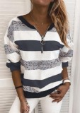 Autumn Casual Wide Stripes Zipper Sweat Top