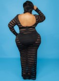 Autumn Plus Size Black Stripes See Through Long Party Dress