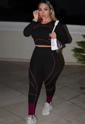 Autumn Print Sexy Tight Crop Top and Pants Set Black