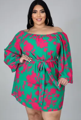 Autumn Plus Size Print Off Shoulder Short Dress with Belt