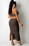Summer Brown Lace-Up Cut Out Ruched Halter Midi Dress
