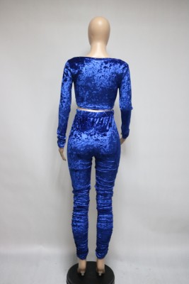 Autumn Sexy Blue Velvet Crop Top and Stacked Pants Set