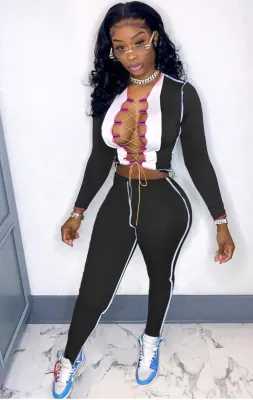 Autumn Black Sexy Lace-Up Crop Top and Legging Set