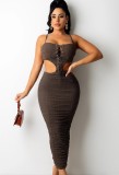 Summer Brown Lace-Up Cut Out Ruched Halter Midi Dress