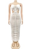 Summer White Lace-Up Cut Out Ruched Halter Midi Dress
