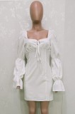 Autumn White Vintage Puff Sleeve Square Mini Dress