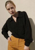 Winter Turndown Collar V-Neck Sweater Top Black