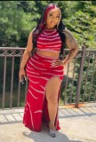 Summer Red Beaded Sexy Crop Top and Slit Long Skirt Set