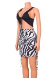 Summer Sexy Black Crop Top and Zebra Skirt Set