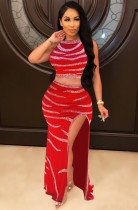 Summer Red Beaded Sexy Crop Top and Slit Long Skirt Set