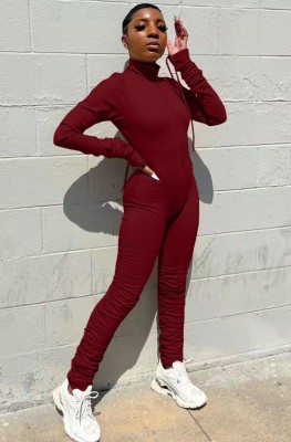 Autumn Sexy Red Zip Up Stack Bodycon Jumpsuit