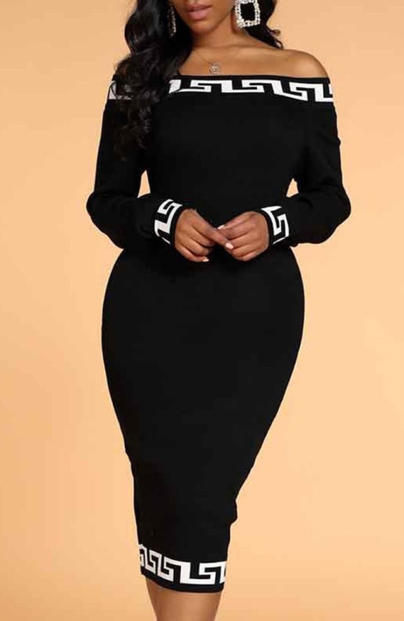 Autumn Print Black Off Shoulder Midi Dress