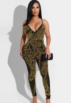 Summer Party Gold Beaded Halter Bodycon Jumpsuit