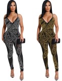 Summer Party Gold Beaded Halter Bodycon Jumpsuit