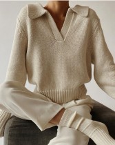 Winter Turndown Collar V-Neck Sweater Top Khaki