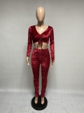 Autumn Sexy Red Velvet Crop Top and Stacked Pants Set