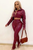Winter Burgunry Leather Ruched Crop Top and Pants Set