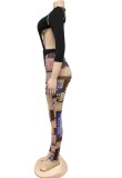 Autumn Party Sexy Cut Out Bodysuit and Print Legging Set