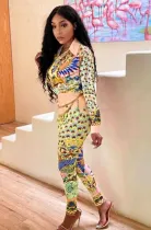 Autumn Print Retro Elegant Blouse and Pants Two Piece Set