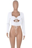 Autumn Party Cut Out Sexy Long Sleeve Crop Top White