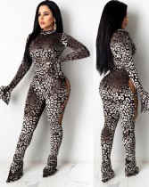 Autumn Party Sexy Leopard Print Cut Out Bodycon Jumpsuit