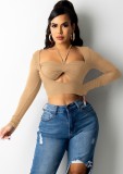 Autumn Party Cut Out Sexy Long Sleeve Crop Top Khaki
