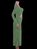 Winter Knitting Green Cut Out Decent Long Dress