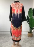 Autumn Mature Women Print Long Maxi Dress