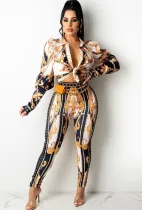 Autumn Print Retro Elegant Blouse and Pants Two Piece Set
