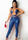 Autumn Party Sexy Blue Leather Cut Out Halter Bodycon Jumpsuit