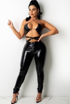 Autumn Party Sexy Black Leather Cut Out Halter Bodycon Jumpsuit