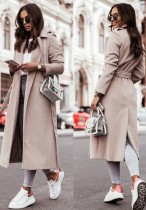 Winter Elegant Beige Turndown Collar Long Woolen Coat with Belt