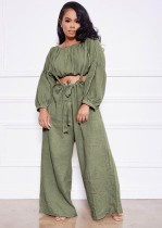 Autumn Casual Green Crop Top and Suspender Wide Pants Set