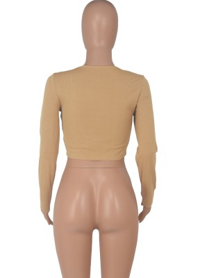 Autumn Party Cut Out Sexy Long Sleeve Crop Top Khaki