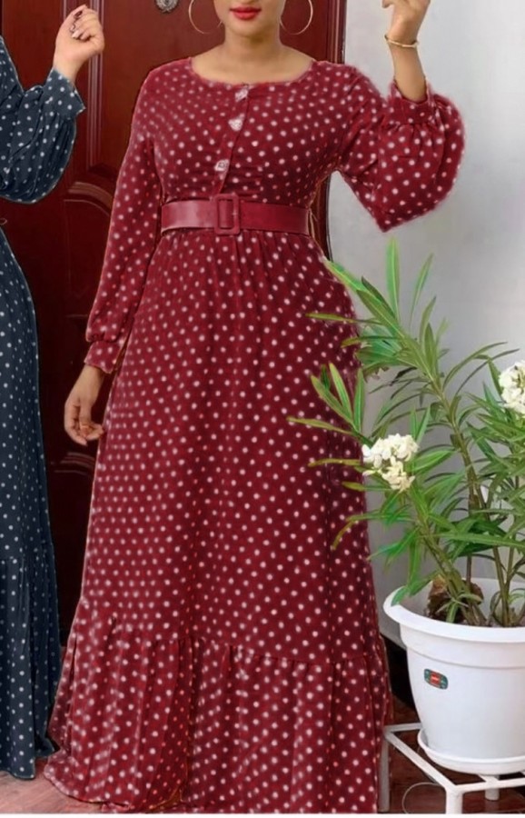 Autumn Elegant Polka Dot Red Long Maxi Dress with Belt