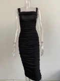 Autumn Black Elegant Strapless Ruched Midi Dress