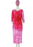 Autumn Tie Dye Pink O-Neck Slit Long Dress