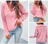 Autumn Pink V-Neck Turndown Collar Regular Pullover Sweater