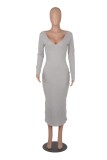 Winter Grey Knitting V-Neck Long Bodycon Dress