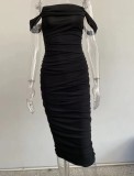 Autumn Black Elegant Strapless Ruched Midi Dress