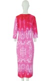 Autumn Tie Dye Pink O-Neck Slit Long Dress