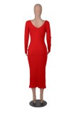 Winter Red Knitting V-Neck Long Bodycon Dress