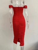 Autumn Red Elegant Strapless Ruched Midi Dress