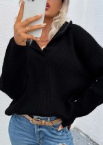 Autumn Black V-Neck Turndown Collar Regular Pullover Sweater