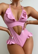 One-Piece Pink Ruffle Cut Out Strap Swimwear