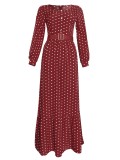 Autumn Elegant Polka Dot Red Long Maxi Dress with Belt