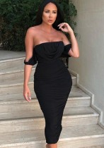 Autumn Black Elegant Strapless Ruched Midi Dress